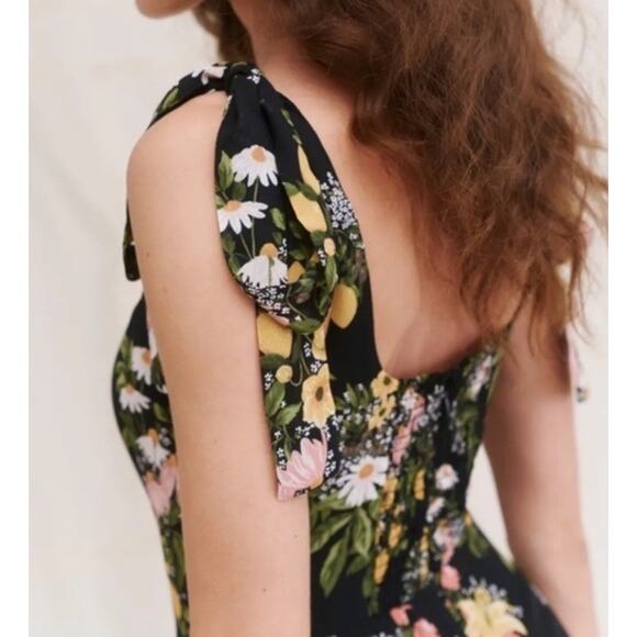 Reformation Twilight Dress Sicilia Black Floral Linen Viscose Midi Sz 4 - Picture 4 of 9